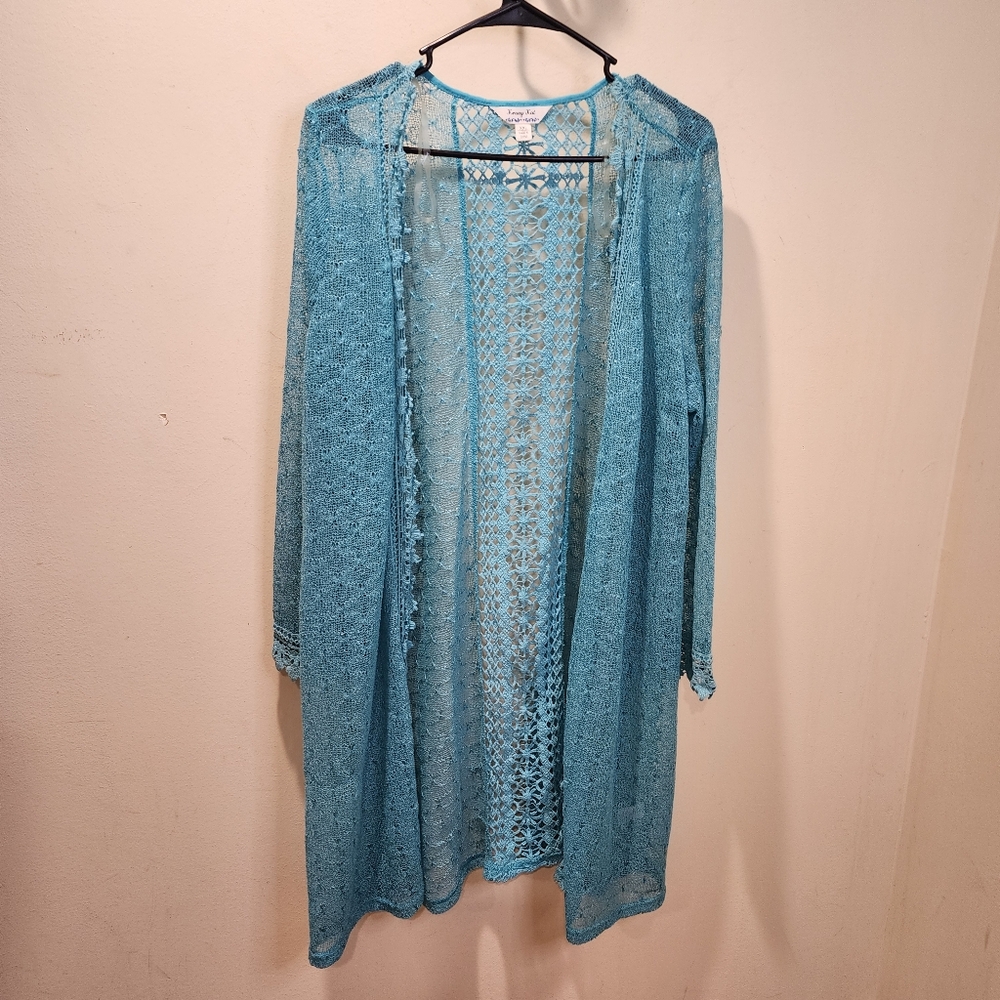 Crazy Kat Teal Open Front Knitted Sequins Cardigan size XXL